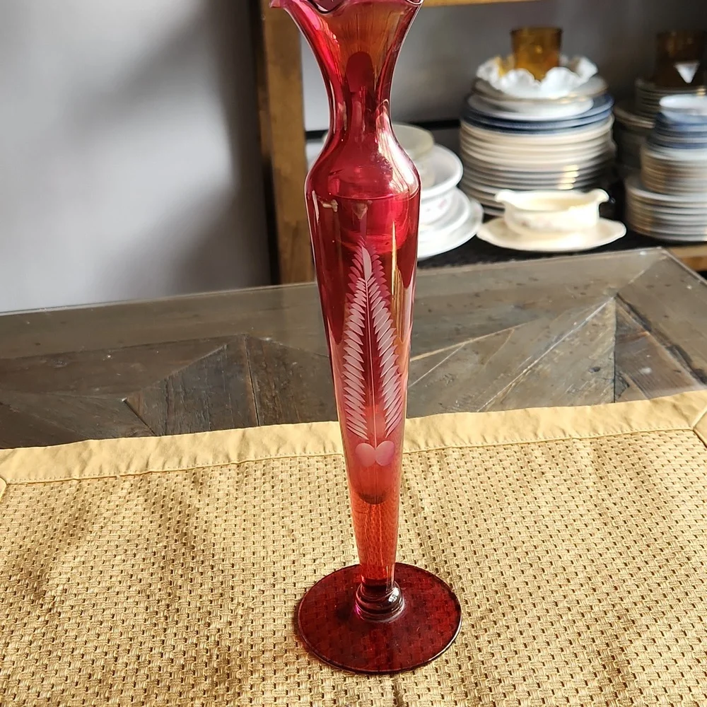 Cranberry Etched Glass Vase Mid Century Modern Fragile Collectible